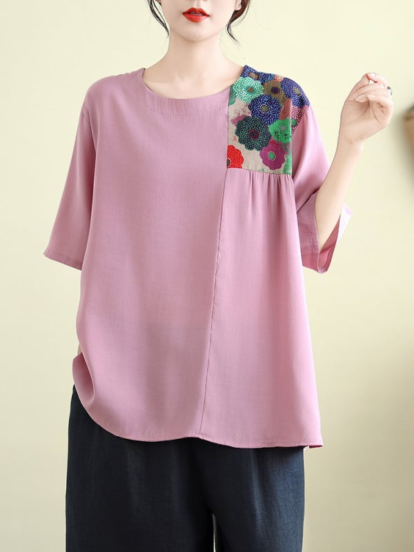 Къс ръкав топ с свободен силует, пачворк дизайн, памук-полиестер смес със спандекс, ръкави 5/4, качулково закопчаване