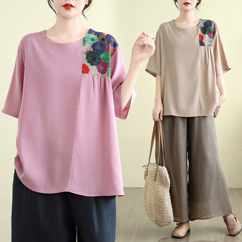 Къс ръкав топ с свободен силует, пачворк дизайн, памук-полиестер смес със спандекс, ръкави 5/4, качулково закопчаване