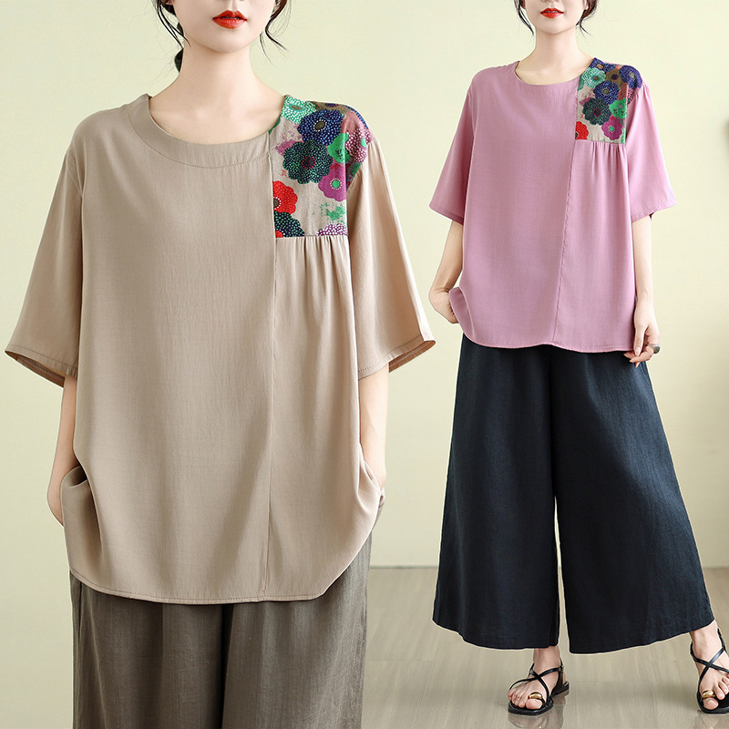 Къс ръкав топ с свободен силует, пачворк дизайн, памук-полиестер смес със спандекс, ръкави 5/4, качулково закопчаване