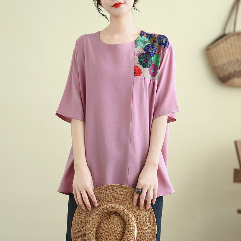 Къс ръкав топ с свободен силует, пачворк дизайн, памук-полиестер смес със спандекс, ръкави 5/4, качулково закопчаване