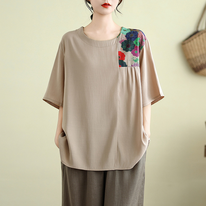 Къс ръкав топ с свободен силует, пачворк дизайн, памук-полиестер смес със спандекс, ръкави 5/4, качулково закопчаване