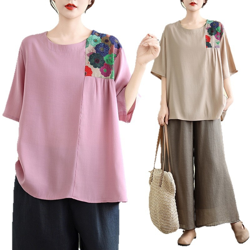 Къс ръкав топ с свободен силует, пачворк дизайн, памук-полиестер смес със спандекс, ръкави 5/4, качулково закопчаване