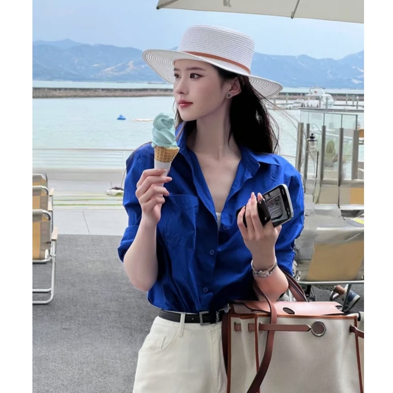 Pólónyakú kardigán-stílusú női ing, hosszú ujjú, 95%+ pamut, karcsú szabás