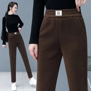 Pantaloni dama talie înaltă, velur fleece, croială creion, amestec poliester 80–90%, buzunare în stil coreean