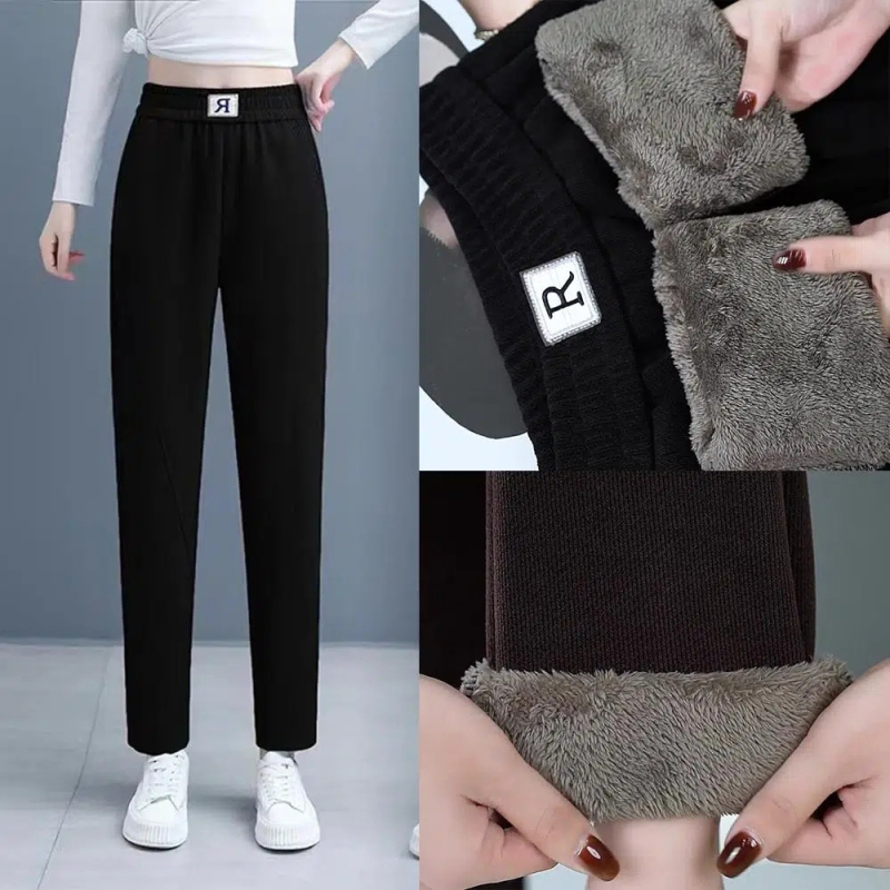 Pantaloni dama talie înaltă, velur fleece, croială creion, amestec poliester 80–90%, buzunare în stil coreean