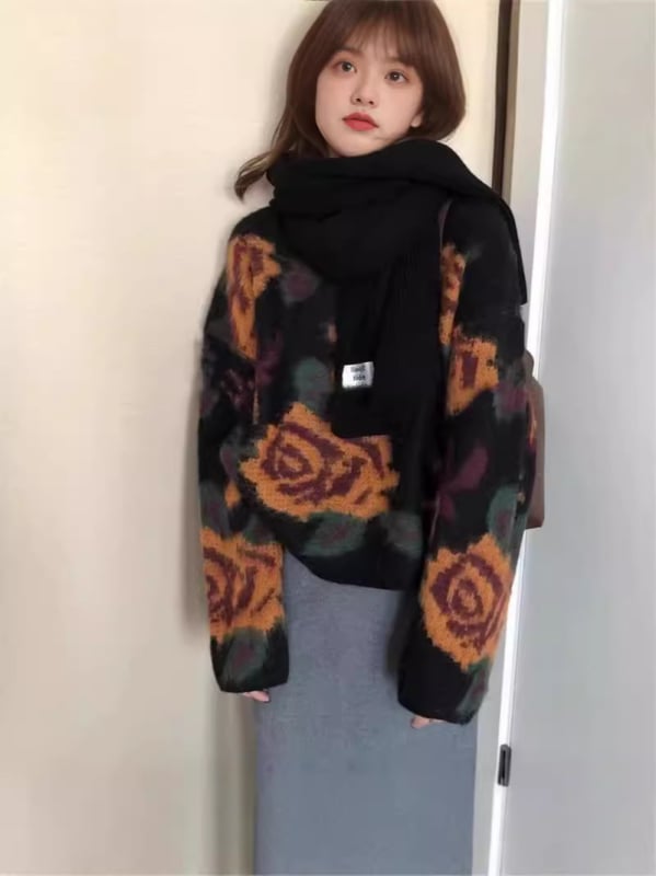 Ženski džemper Jacquard debeli Mohair (80-90% Mohair), okrugli ovratnik, dugi rukavi