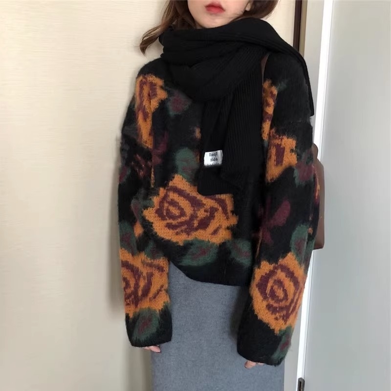 Ženski džemper Jacquard debeli Mohair (80-90% Mohair), okrugli ovratnik, dugi rukavi