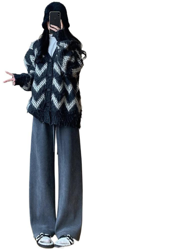 Női kötött chenille széles nadrág fleece béléssel, magas derekú, hosszú, őszi-téli casual, karcsúsító körte alkat számára