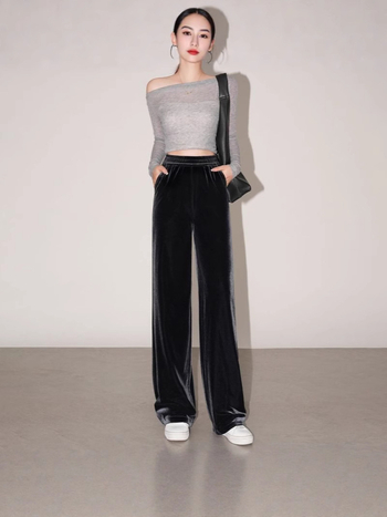 Női velúr széleslábú nadrág, poliészter velúr, elasztikus derék, vastag anyag, mikroelasztikusság, vasalásmentes felület