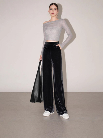 Női velúr széleslábú nadrág, poliészter velúr, elasztikus derék, vastag anyag, mikroelasztikusság, vasalásmentes felület