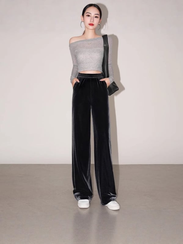 Női velúr széleslábú nadrág, poliészter velúr, elasztikus derék, vastag anyag, mikroelasztikusság, vasalásmentes felület