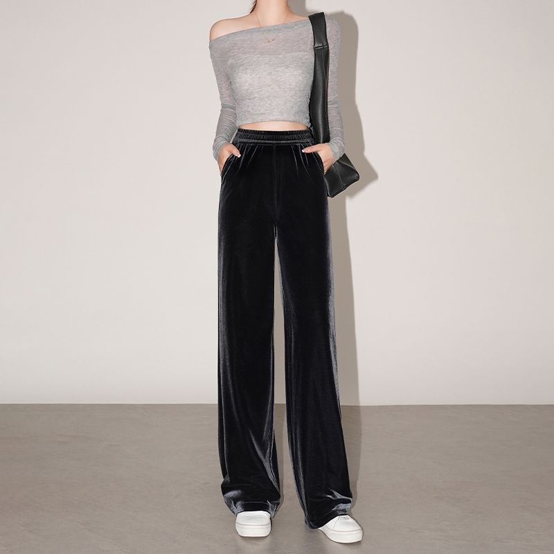 Női velúr széleslábú nadrág, poliészter velúr, elasztikus derék, vastag anyag, mikroelasztikusság, vasalásmentes felület