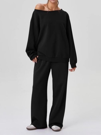 Ženski dvodijelni komplet s off-shoulder T‑shirt topom i dugim hlačama, patchwork poliester-elastan, jesen 2025