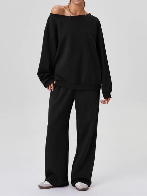 Ženski dvodijelni komplet s off-shoulder T‑shirt topom i dugim hlačama, patchwork poliester-elastan, jesen 2025