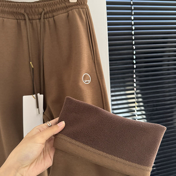 Pantaloni largi din bumbac pentru femei, cu căptușeală de fleece, talie elastică, groși pentru iarnă, cu broderie