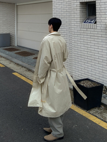 Koreai stílusú kabát, hosszított fazon, gallér, egysoros záródás, tavasz-ősz