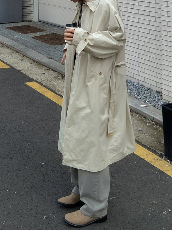 Koreai stílusú kabát, hosszított fazon, gallér, egysoros záródás, tavasz-ősz