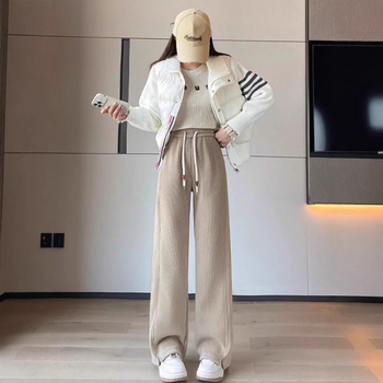 Pantaloni femei Chenille cu fleece, croială dreaptă, talie elastică, iarnă groasă, casual