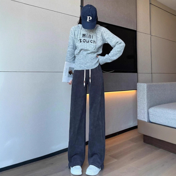 Pantaloni femei Chenille cu fleece, croială dreaptă, talie elastică, iarnă groasă, casual