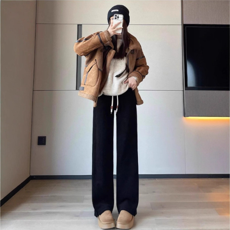 Pantaloni femei Chenille cu fleece, croială dreaptă, talie elastică, iarnă groasă, casual