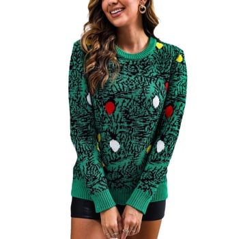 Pulover tricotat din acril, model cu felinare, guler rotund, mâneci lungi, croială lejeră