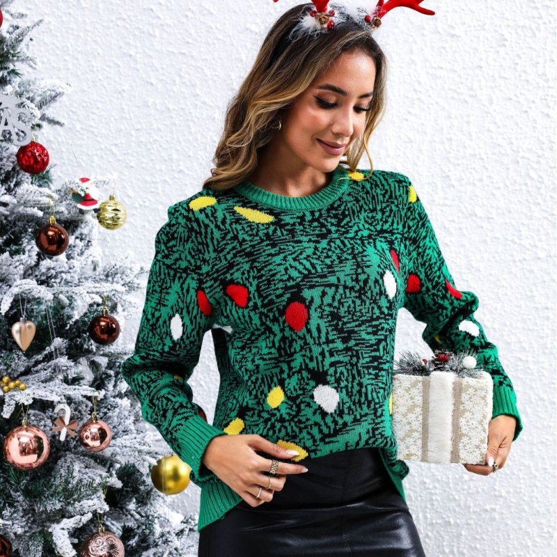 Pulover tricotat din acril, model cu felinare, guler rotund, mâneci lungi, croială lejeră