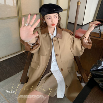 Női laza középhosszú trench kabát bőr csattal, egy soros gombolás, PU-poliészter (70–80%), patchwork retro stílus