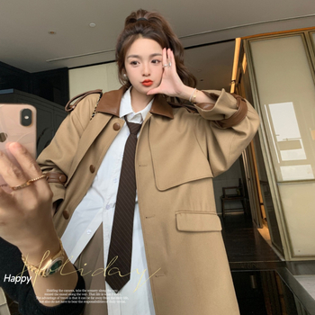 Női laza középhosszú trench kabát bőr csattal, egy soros gombolás, PU-poliészter (70–80%), patchwork retro stílus