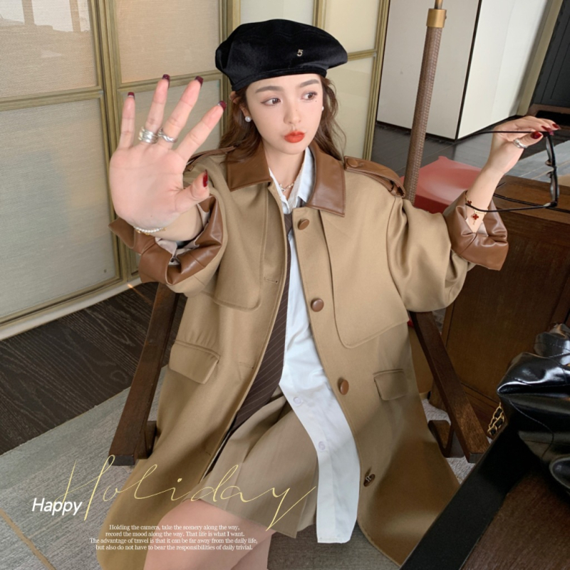 Női laza középhosszú trench kabát bőr csattal, egy soros gombolás, PU-poliészter (70–80%), patchwork retro stílus
