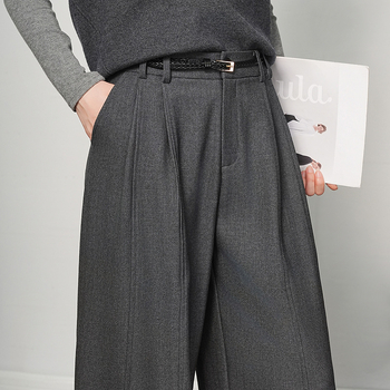 Gyapjúkeverékből készült széles nadrág, magas derekú, drapírozott vonal, vasalásmentes, hétköznapi, őszi 2025