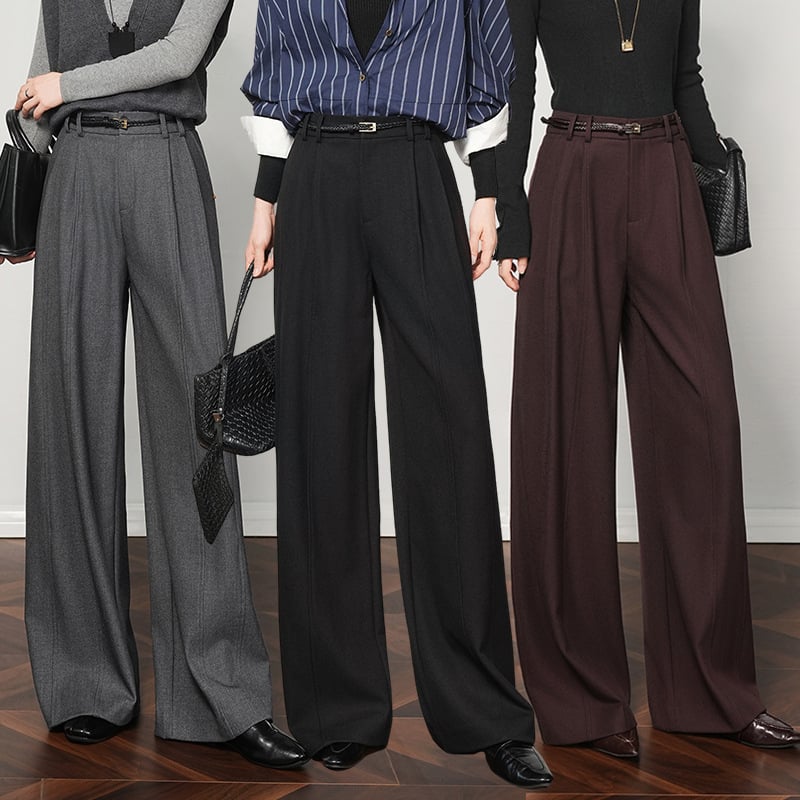 Gyapjúkeverékből készült széles nadrág, magas derekú, drapírozott vonal, vasalásmentes, hétköznapi, őszi 2025