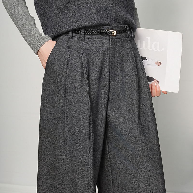 Gyapjúkeverékből készült széles nadrág, magas derekú, drapírozott vonal, vasalásmentes, hétköznapi, őszi 2025