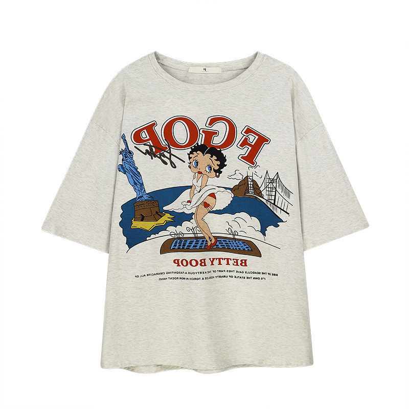 Pamut rövid ujjú póló kerek nyakkal, laza szabású, anime karikatúra mintával