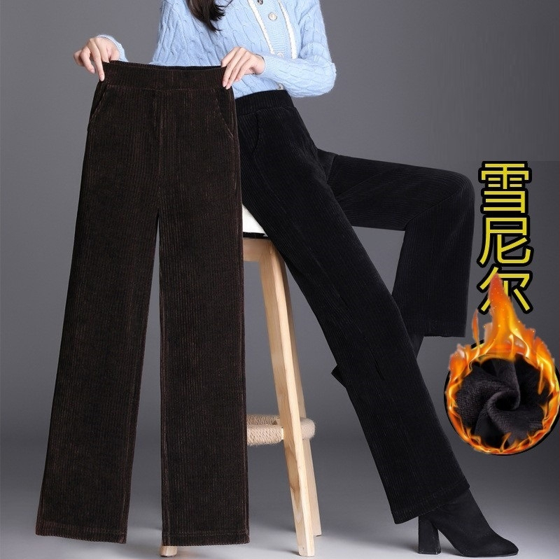 Ženske chenille široke hlače, visokim strukom, ravni kroj, debeli poliester, za jesen/zimu