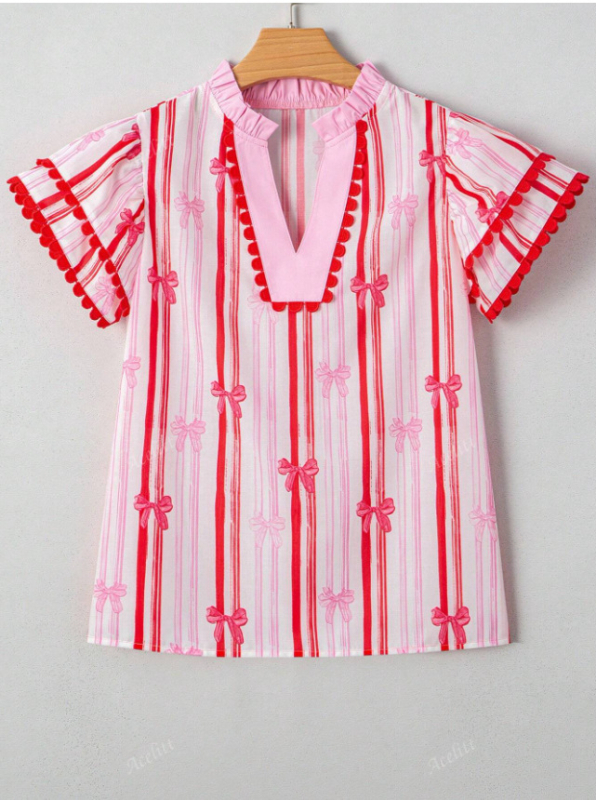 V-nyakú pólóing absztrakt mintával, fodros ujjú, poliészter-spandex keverék, elegáns üzleti stílus (Poliészter-spandex keverék; Absztrakt mintázat; V-nyak; Fodros ujjú; Elegáns üzleti stílus)