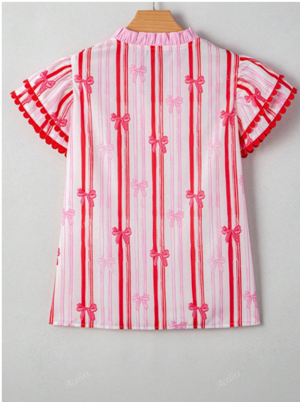 V-nyakú pólóing absztrakt mintával, fodros ujjú, poliészter-spandex keverék, elegáns üzleti stílus (Poliészter-spandex keverék; Absztrakt mintázat; V-nyak; Fodros ujjú; Elegáns üzleti stílus)