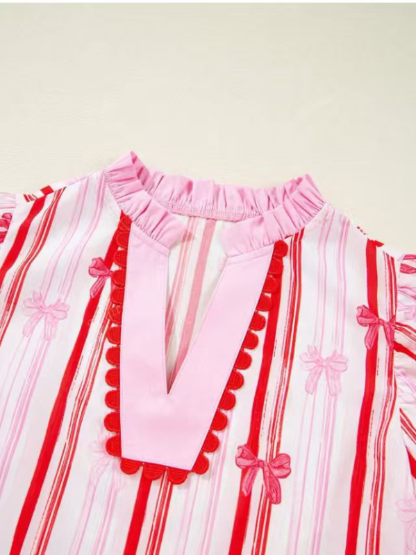 V-nyakú pólóing absztrakt mintával, fodros ujjú, poliészter-spandex keverék, elegáns üzleti stílus (Poliészter-spandex keverék; Absztrakt mintázat; V-nyak; Fodros ujjú; Elegáns üzleti stílus)