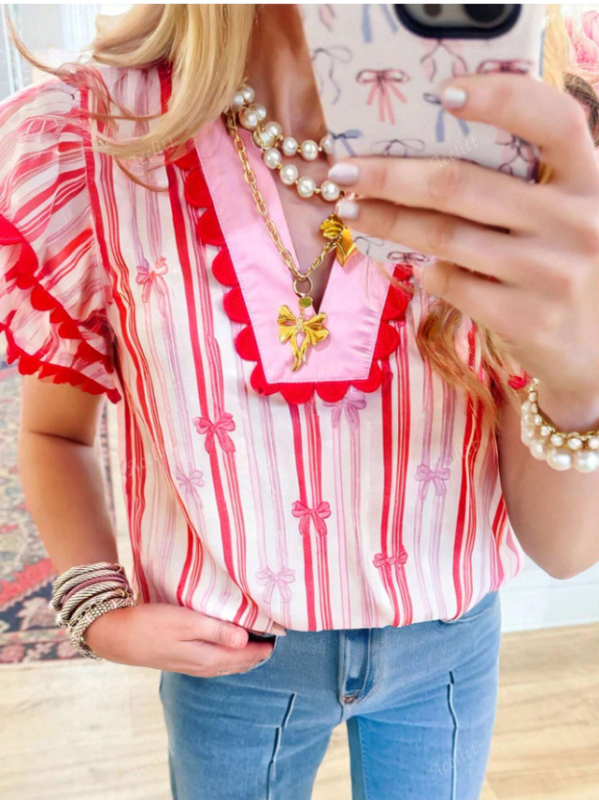 V-nyakú pólóing absztrakt mintával, fodros ujjú, poliészter-spandex keverék, elegáns üzleti stílus (Poliészter-spandex keverék; Absztrakt mintázat; V-nyak; Fodros ujjú; Elegáns üzleti stílus)