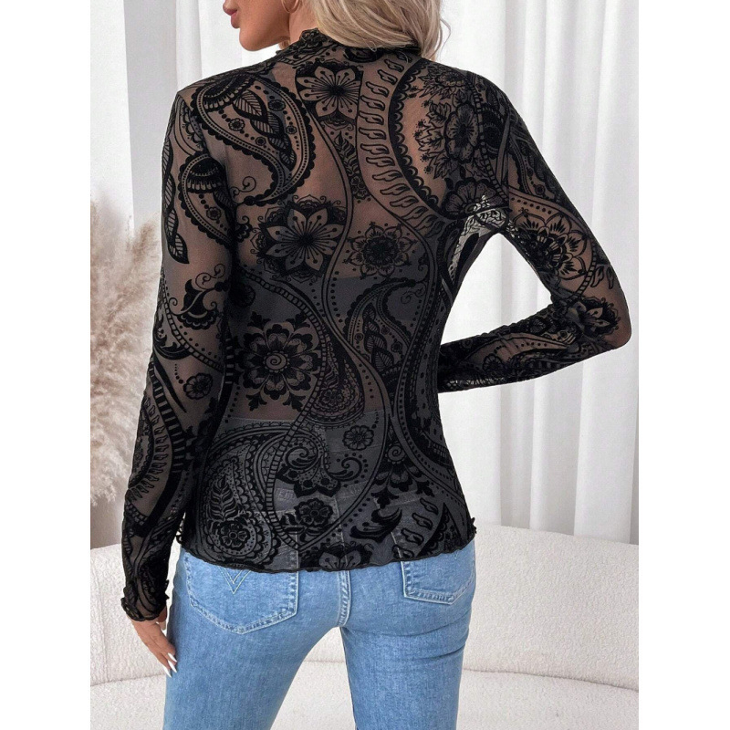 Majica s Paisley uzorkom, mrežasti materijal, dugi rukav, uski kroj, ovratnik s volanom