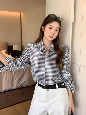 Cămașă polo cu model în carouri, stil patchwork, mâneci lungi, croi lejer