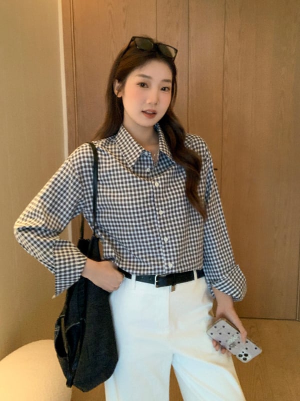 Cămașă polo cu model în carouri, stil patchwork, mâneci lungi, croi lejer