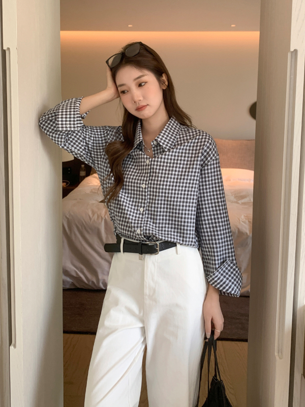 Cămașă polo cu model în carouri, stil patchwork, mâneci lungi, croi lejer