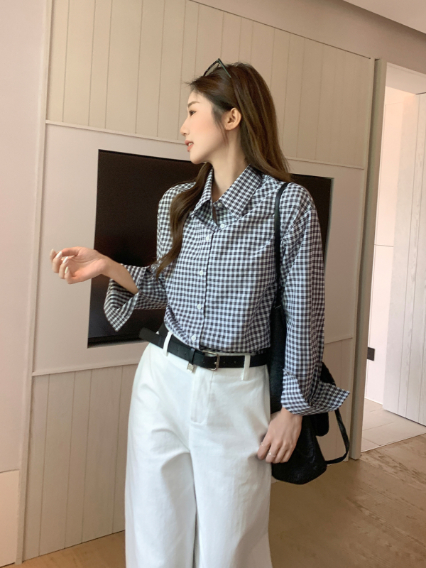 Cămașă polo cu model în carouri, stil patchwork, mâneci lungi, croi lejer