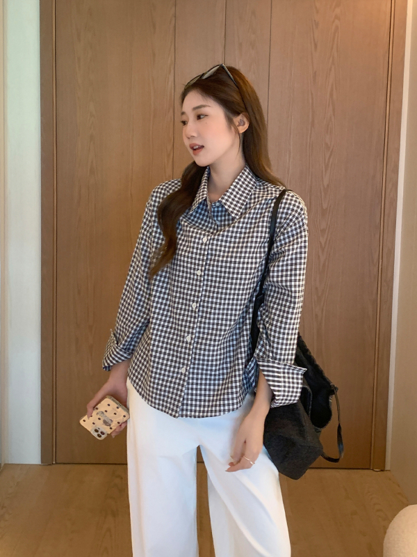 Cămașă polo cu model în carouri, stil patchwork, mâneci lungi, croi lejer