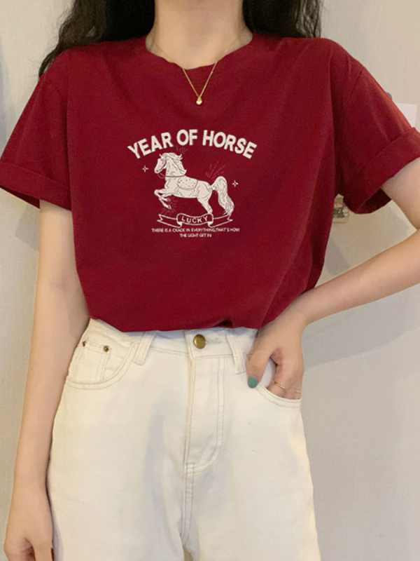 Ženski T-shirt od combed cotton, opušten kroj, okrugli izrez, kratke rukave, jednobojna boja, standardna duljina (50–65 cm)