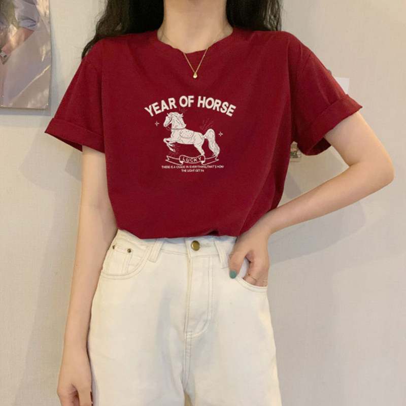Ženski T-shirt od combed cotton, opušten kroj, okrugli izrez, kratke rukave, jednobojna boja, standardna duljina (50–65 cm)