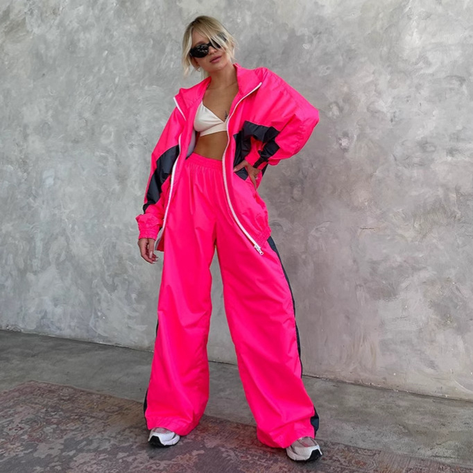 Ženski casual kostim s hlačama i kardiganom na zip s dugim rukavima, colorblock dizajn, poliester 95%+