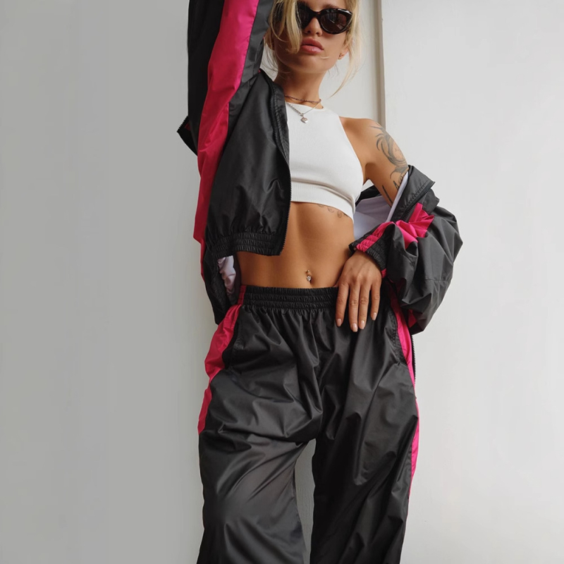 Ženski casual kostim s hlačama i kardiganom na zip s dugim rukavima, colorblock dizajn, poliester 95%+