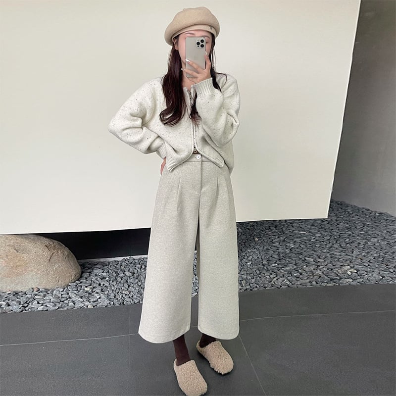 Ženske široke hlače s visokim strukom, kratkog kroja, vunena tkanina s elastanom, 95%+ udio, zimska 2025 kolekcija, elegantan gradski stil