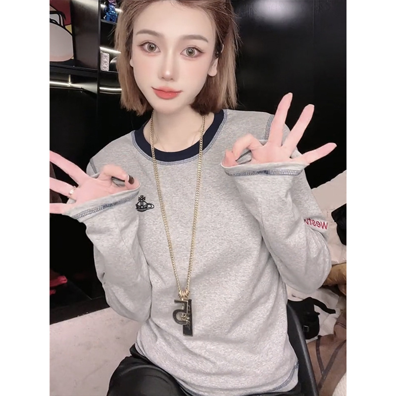 Ženski izšiveni T-shirt s dugim rukavima i okruglim izrezom, opuštena silueta, japansko-korejski ležerni stil, jesen 2024